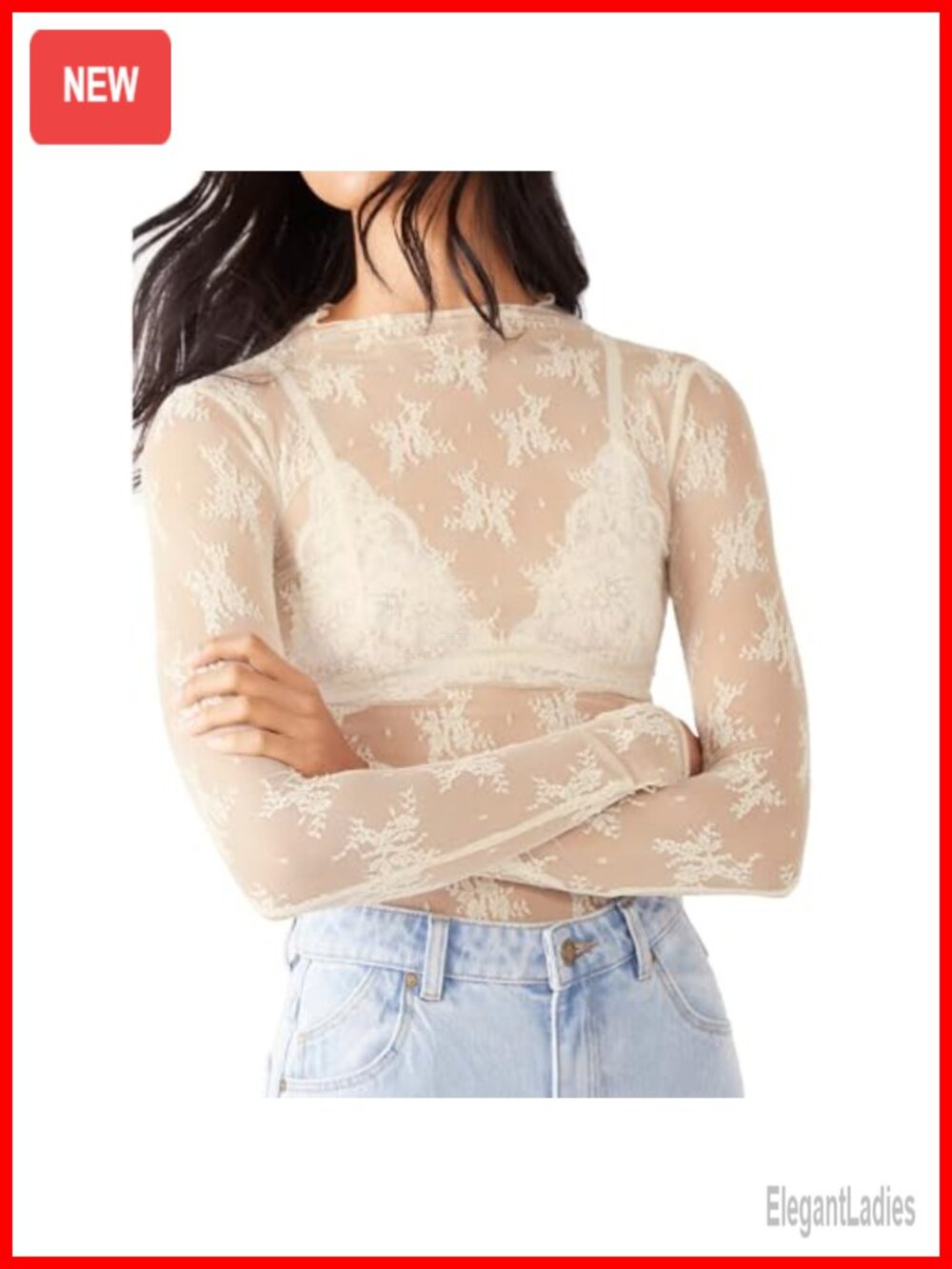 Women's Mesh Lace Long Sleeve Mock Neck Sheer Layering Top